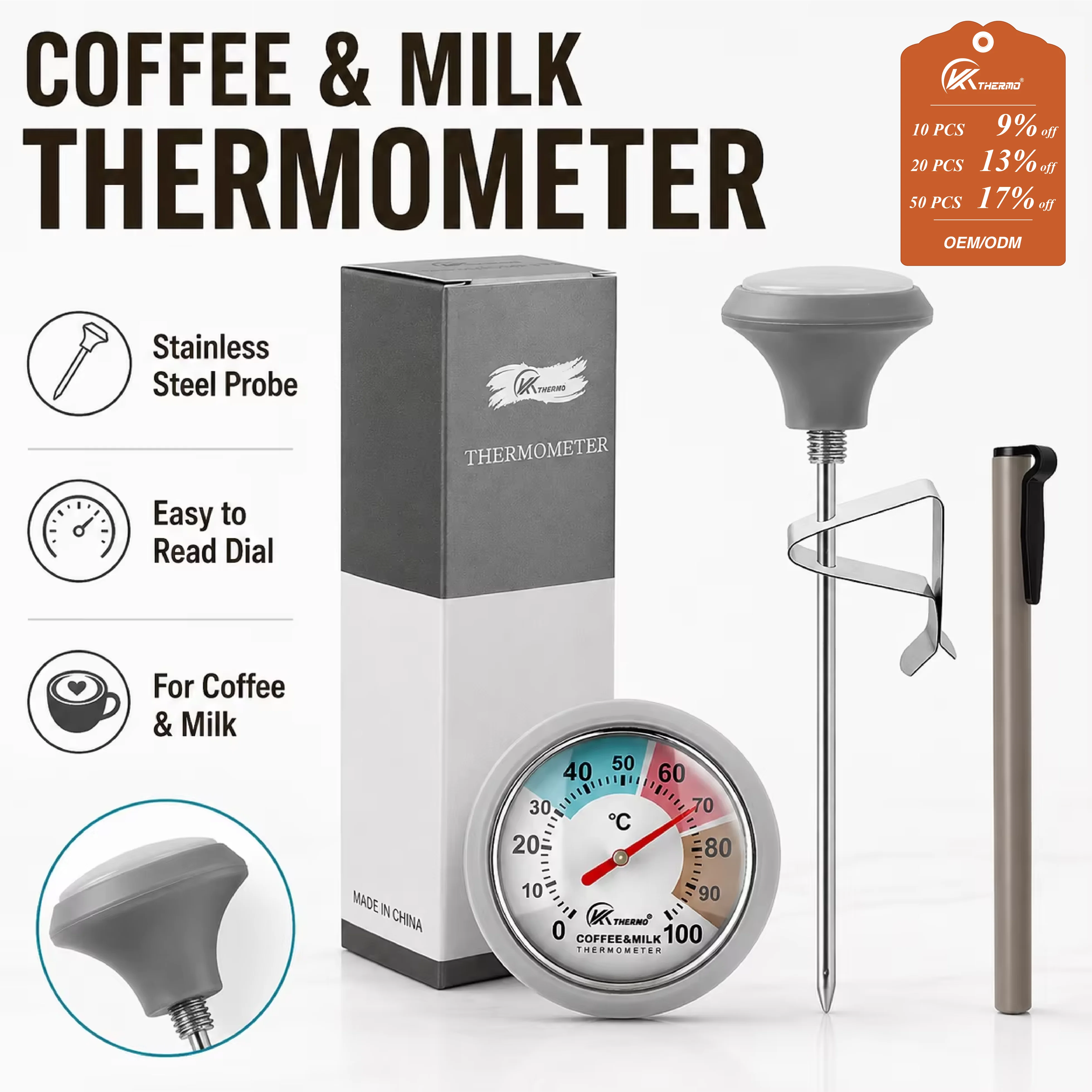 Coffee Milk Thermometer 0-100°C Stainless Steel Probe Dial Thermometer for Pour Over Coffee Kettle Milk Foam Temperature Gauge