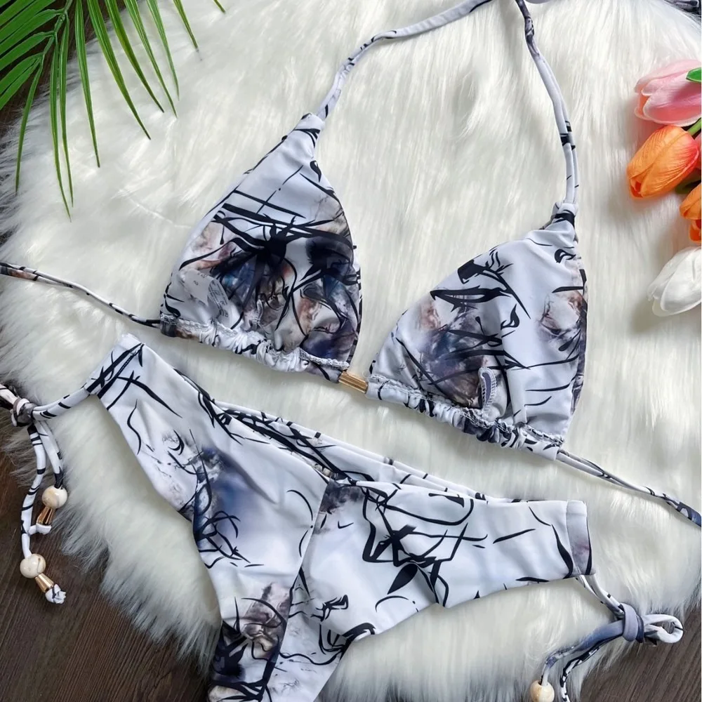Sexy Floral Print Two Piece Bikini Set Push Up Swimwear Backless Beach Vacation Swimsuit For Women Bikini Set Women's Swimsuit B