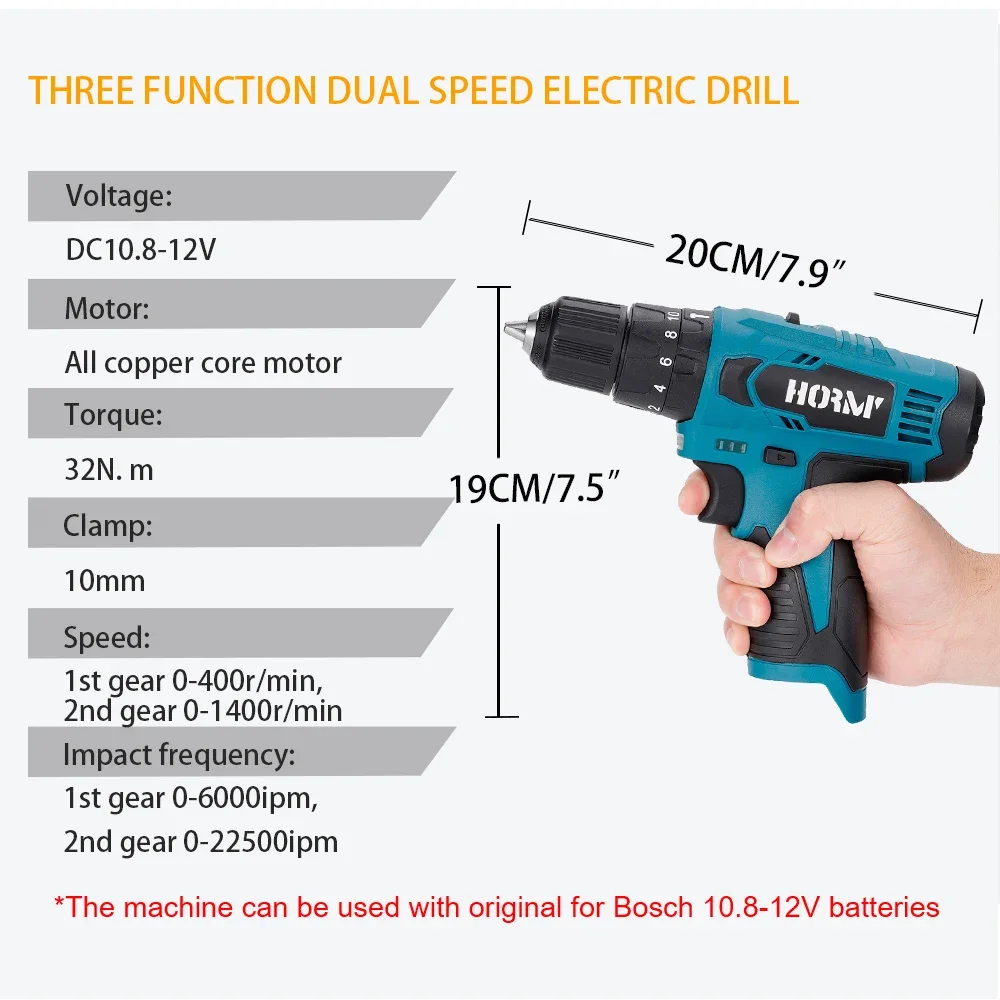 12V Electric Impact Drill Hammer 32N.m Drill Electric Screwdriver Drill Dual Speed Rechargable Power Tool For Bosch 12V Battery