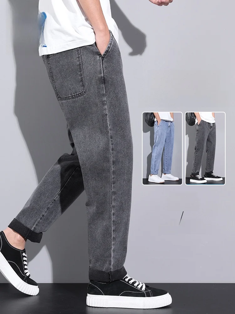 

Синие прямые джинсы True Weave, мужские летние новые свободные универсальные повседневные брюки с тонкой эластичной резинкой на талии, смесь хлопка, молодежная мода