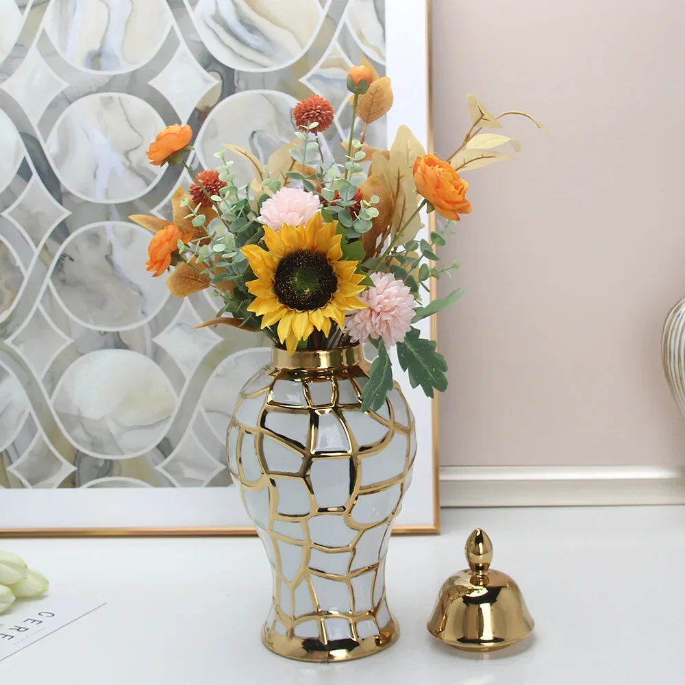 جرة عامة من السيراميك، جرة زنجبيل مصنوعة يدويًا، شبكة ذهبية من البورسلين، جرة تخزين الحلوى، مزهرية فنية للديكور المنزلي