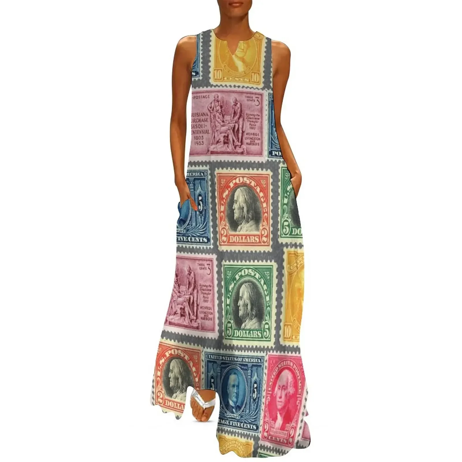 

US Postage Stamp Collage - ZOOMED IN Long Dress Summer women's clothing Dress