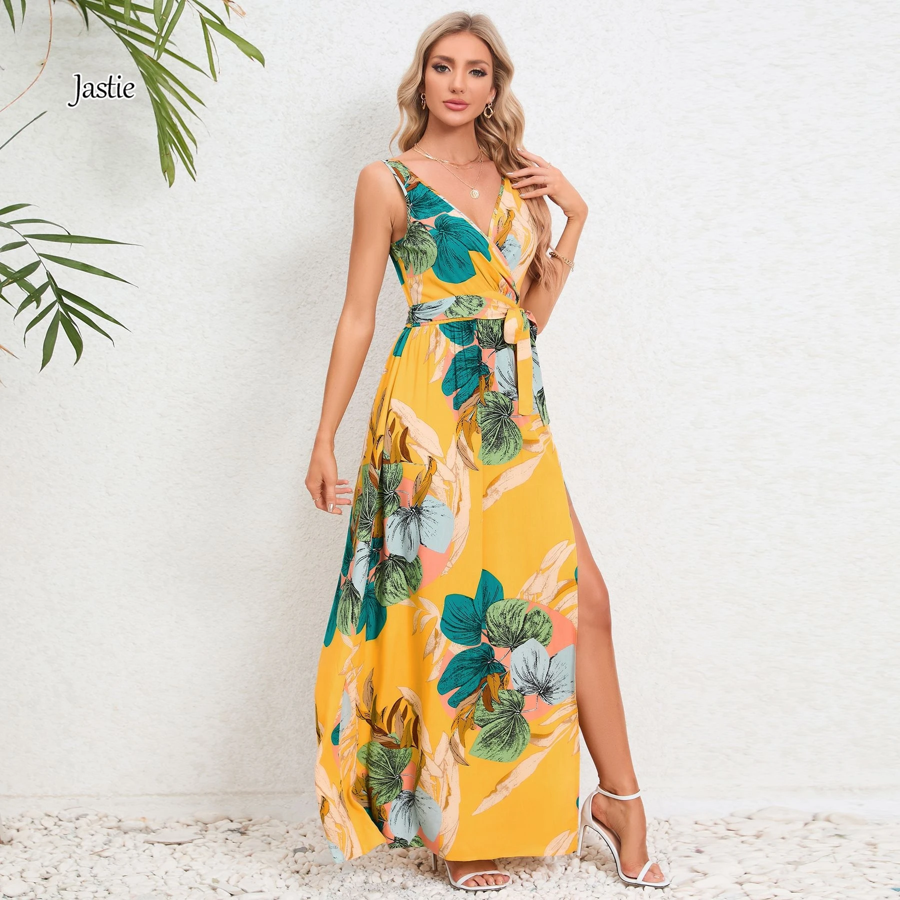 Jastie V-neck Sleeveless Print Long Camisole Dress Summer Elegant Lace Up Slit Women's Dresses Beach Vacation Woman Clothing