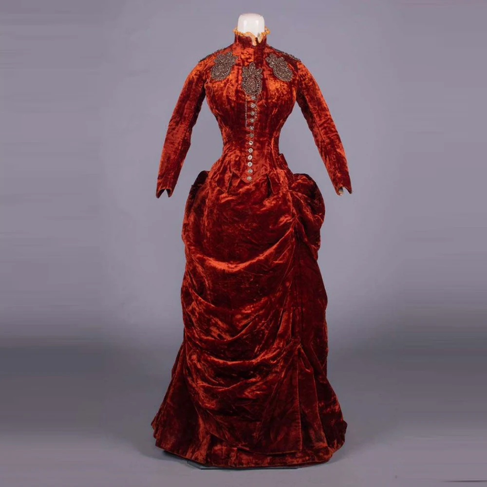 

1885s Velvet Dinner Dress Victorian Renaissance Duchess Gothic Bustle Ball Gown Civil War Southern Belle Queen Wedding Costume