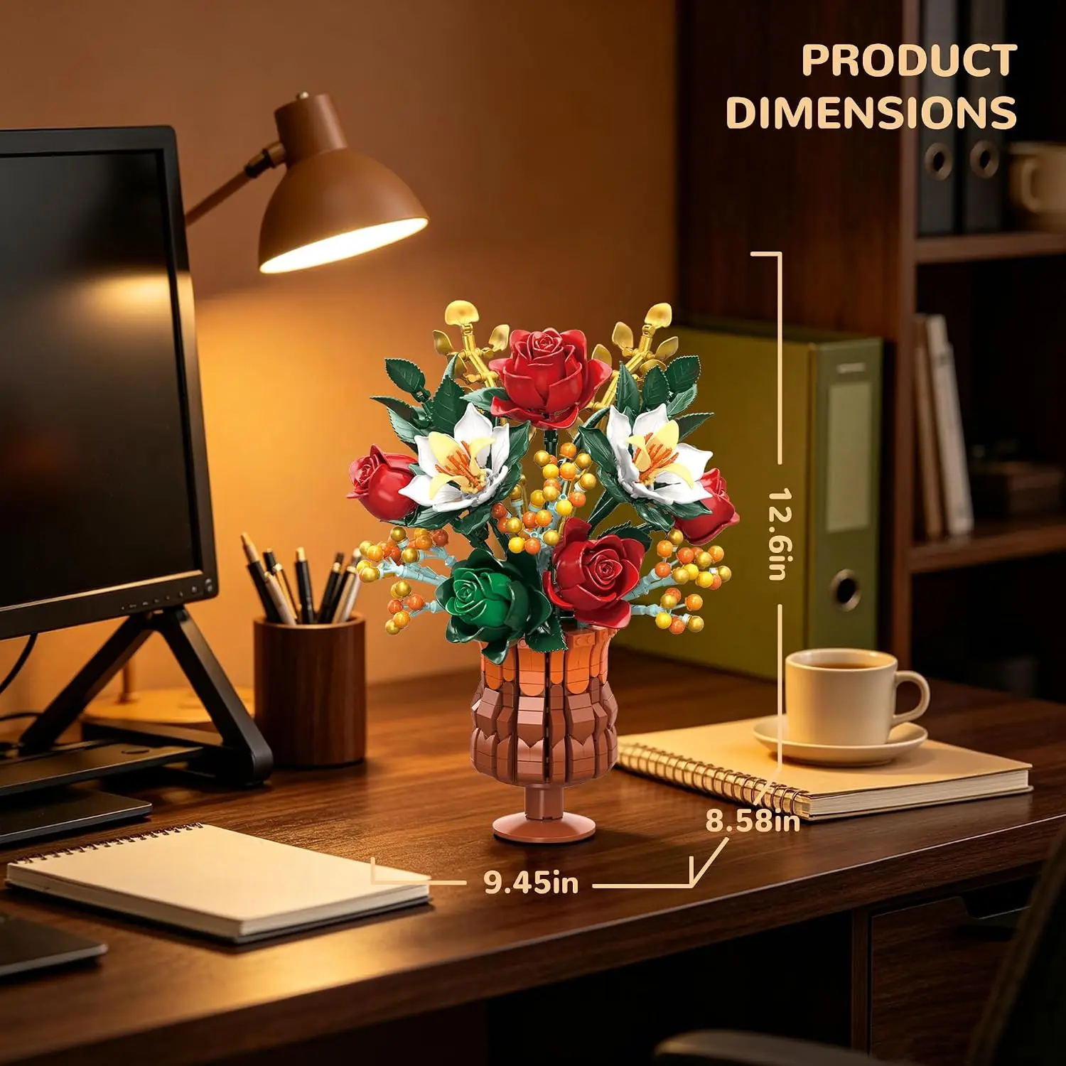 1120 Pcs Eternal Flower Bouquet Building Set Realistic Rose Lily Floral Arrangement With Decorative Vase DIY Assembly Brick Kit Desktop Decor Collectible Gift For Adult Hobbyists