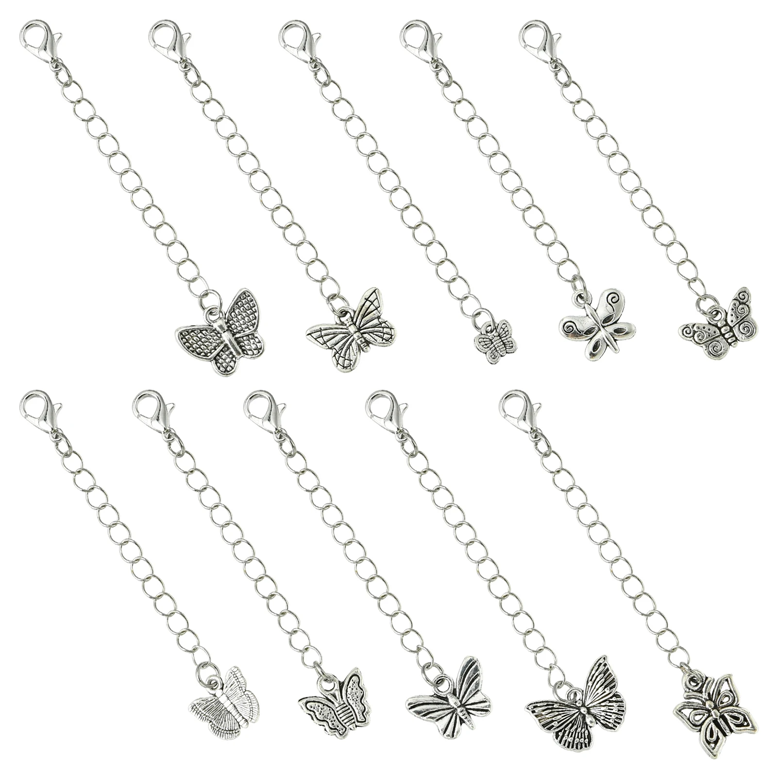 50Pcs 10 Styles Silver Extension Chain with Butterfly Charms Findings Extender Lobster Clasps for Jewelry Making Supplies