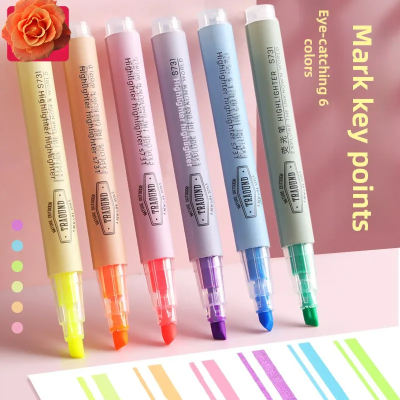 6pack Macaron Light Colored Fluorescent Pen Set With Slanted Head Marking Pen Suitable For Student Notes And Office Stationery