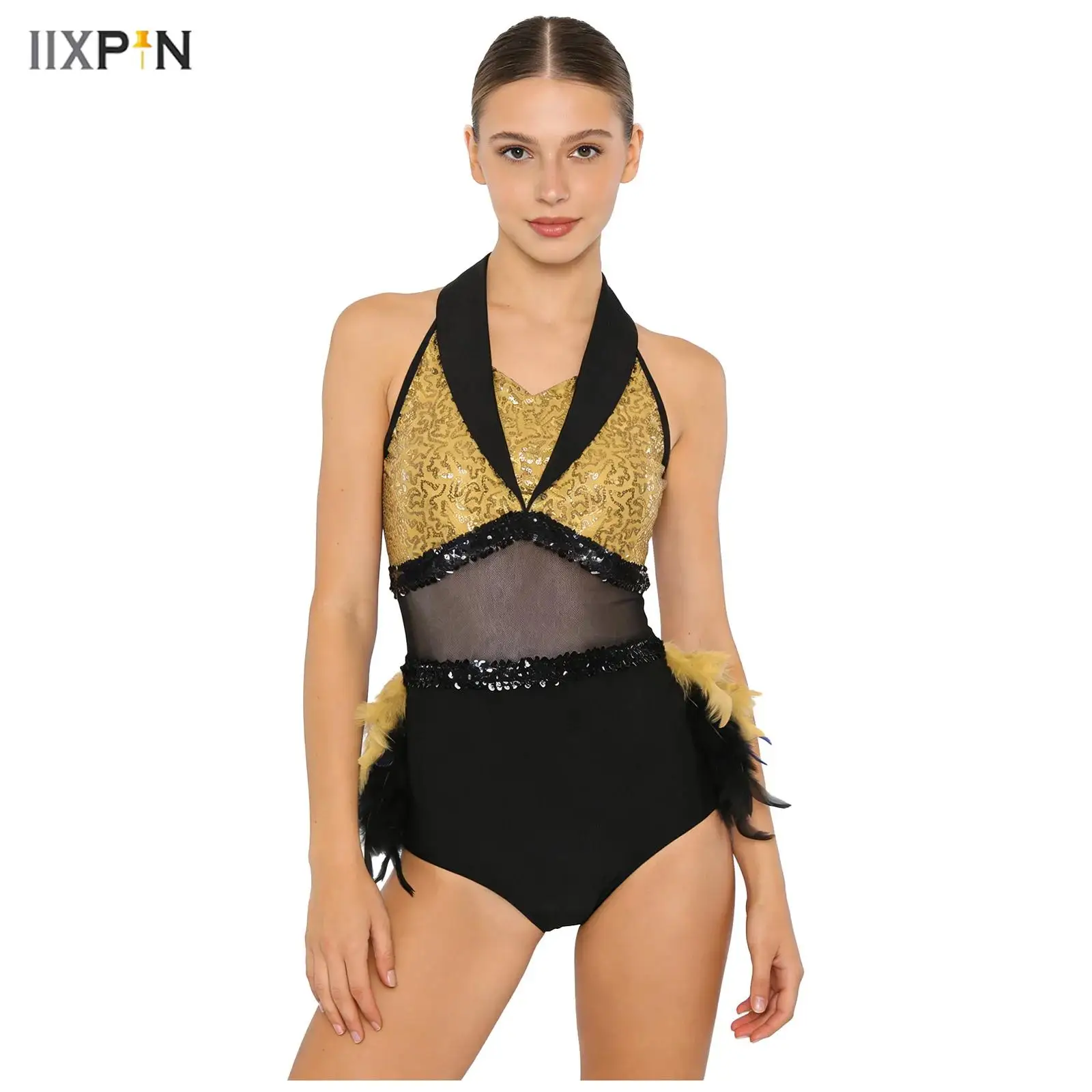 

Women Latin Jazz Feather Leotard Dance Bodysuit Sequin Sheer Mesh Samba Rumba Cha-cha Ballroom Tango Salsa Gymnastics Costume
