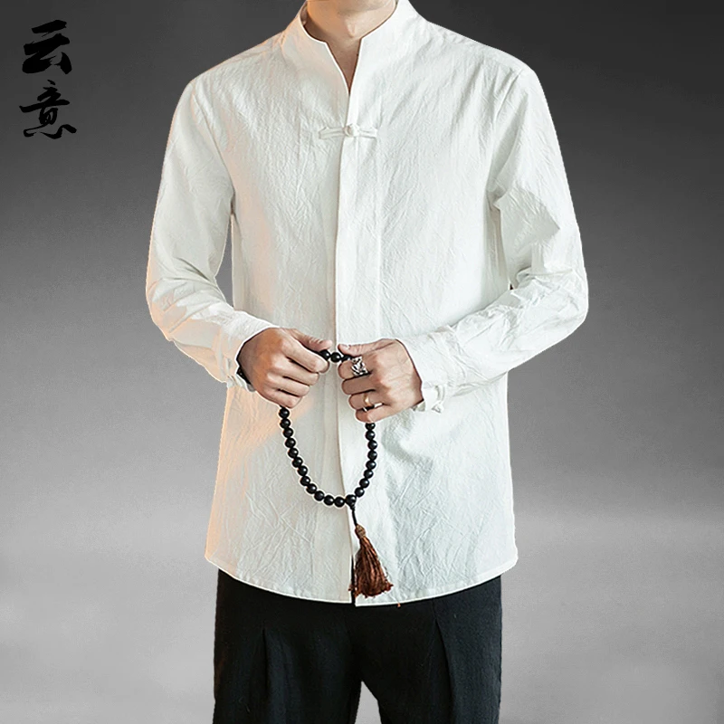 

Spring Wind Long Sve Men's Chinese Sle irt Collar Button up Stand up Collar Casual Tang Costume Retro Hanfu Breathable