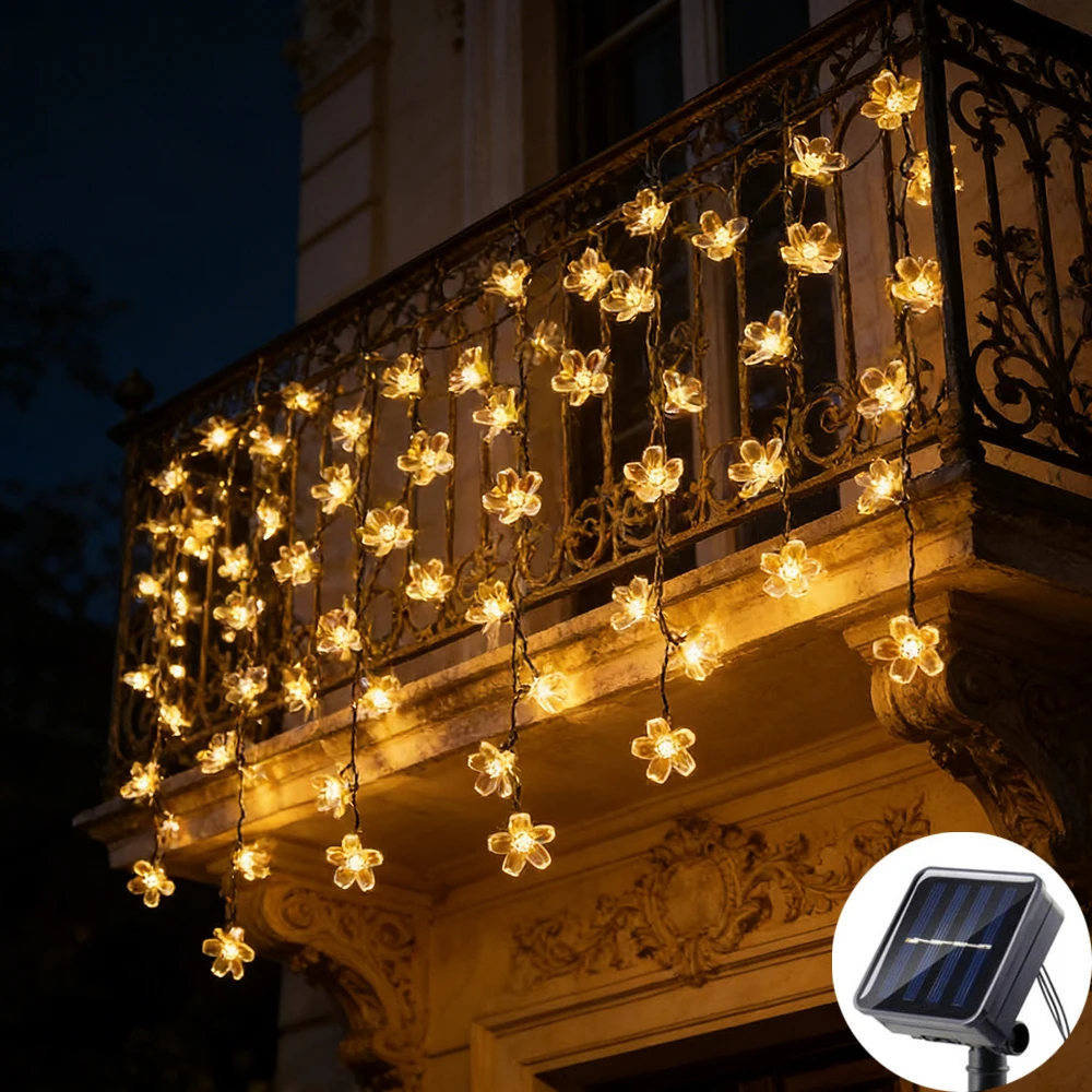 5/7/12M Solar Fairy String Light Sakura Garlands Peach Flower CherryLED Lamp For Wedding Party Garden Christmas Outdoor Decor