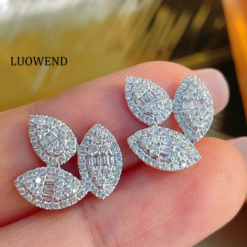 LUOWEND 100% 18K White/Yellow/Rose Gold Earrings Luxury Leaf Shape 0.70carat Real Natural Diamond Earrings Women Party Jewelry