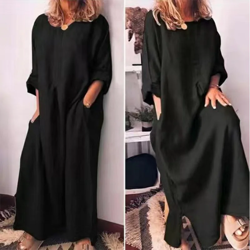 Vintage Cotton Linen Summer Clothes for Women Round Neck Solid Color Splicing Pockets Loose-fitting Long Sleeve Slit Long Dress