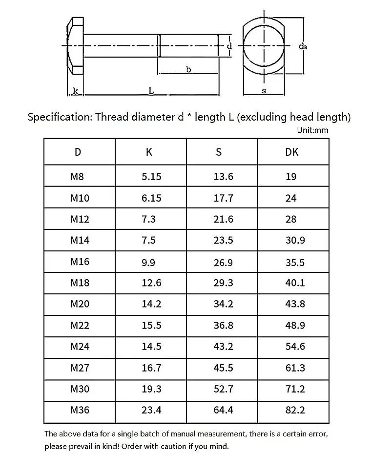 Carbon Steel  M8 M10 M12 Full/Half Thread Black T Shape Screw T-Slot Rail Track Rectangle Hammer Head Bolt Threaded Rod