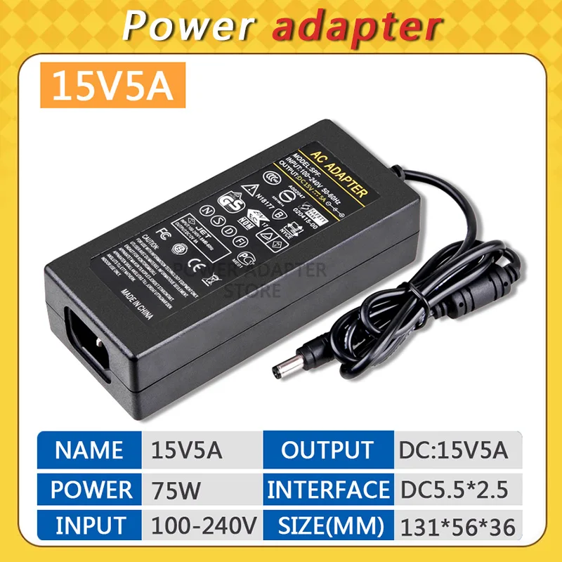 

DC 15V5A Power Supply Adapter, AC 100-240V to DC 15V 5A Switching Transformer Jack 5.5mm x 2.5mm for LED Strip, Light, Cameras