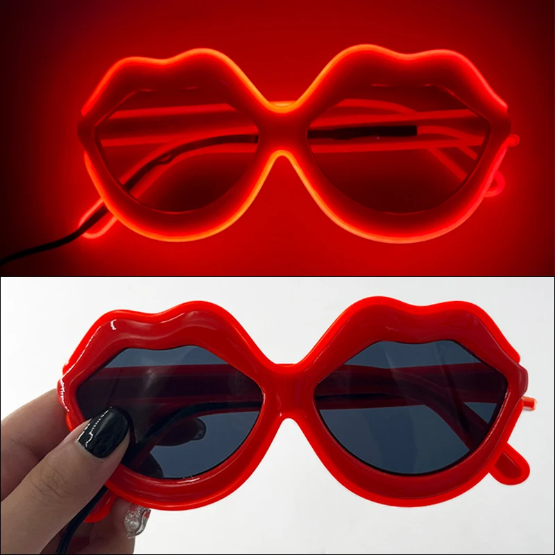 Sexy Red Lips Sunglasses for Women Retro Metal Frame KISS ME Glasses with LED Light Valentine Wedding Party Cosplay Eyewear