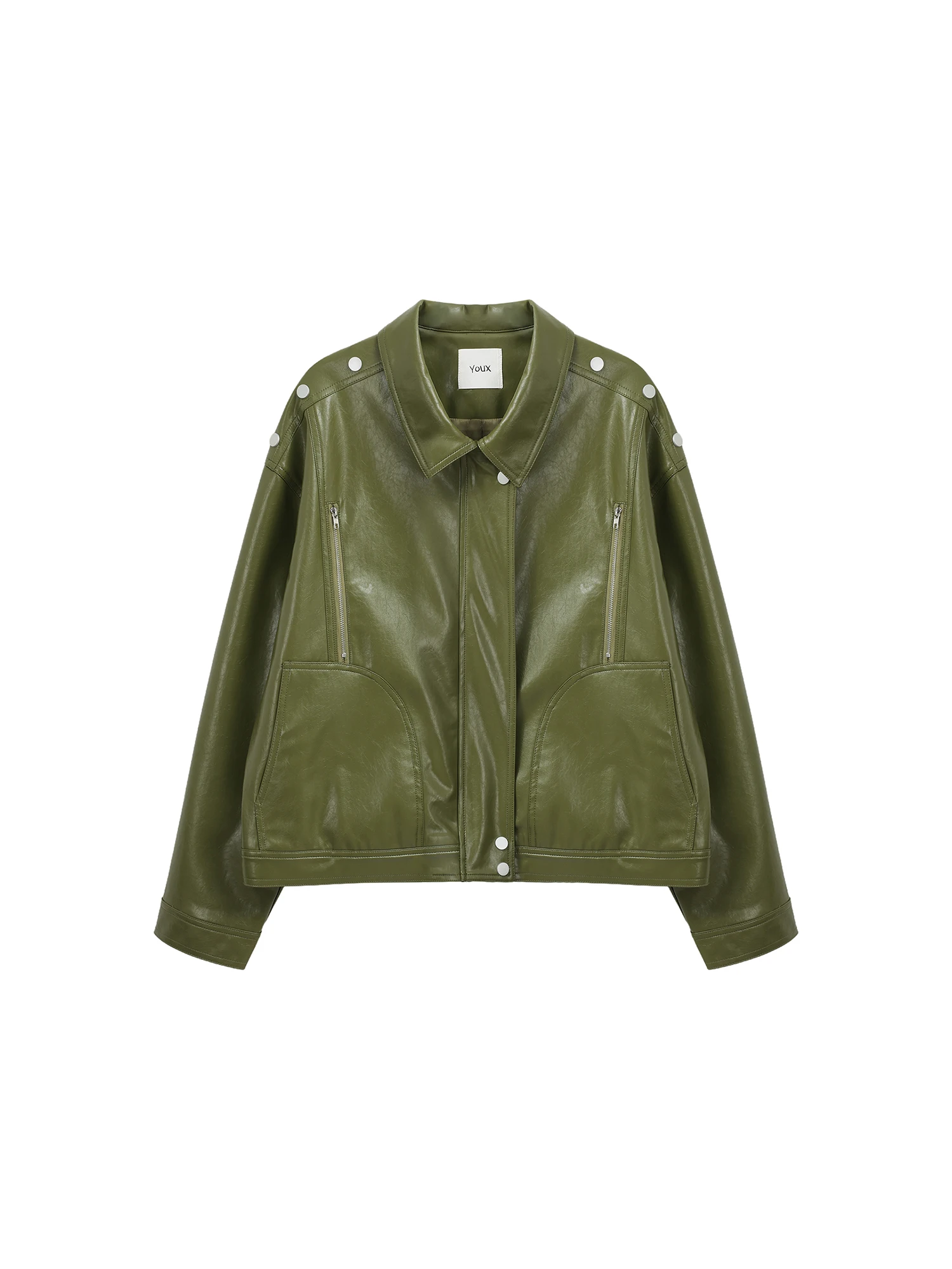 แจ็คเก็ตหนัง PU ลายไม้พุทรา แฟชั่นผู้หญิง ดีไซน์ใหม่สำหรับฤดูใบไม้ร่วง สไตล์ลำลอง แขนยาว มีซิป