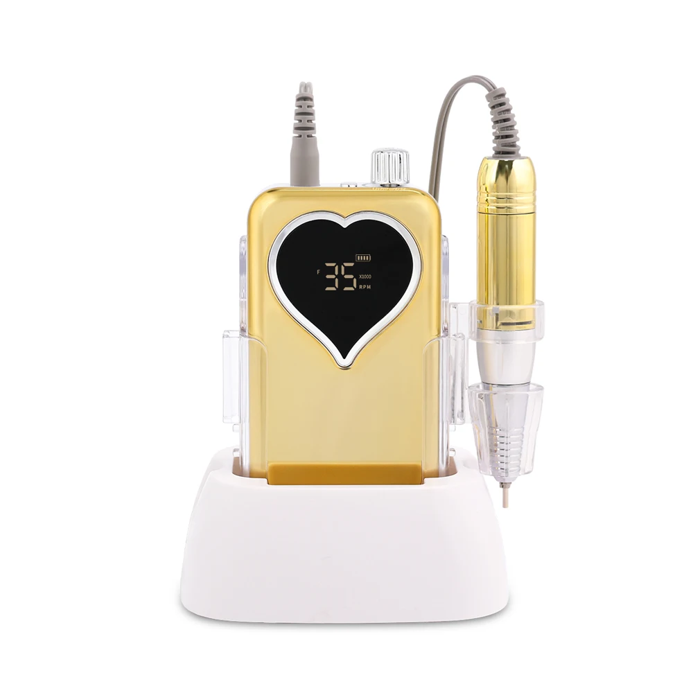 2024 Shiny Gold  Heart Shape 35000rpm Rechargeable Nail Drill Sander Machine Portable Manicure Professional Wholesale Price