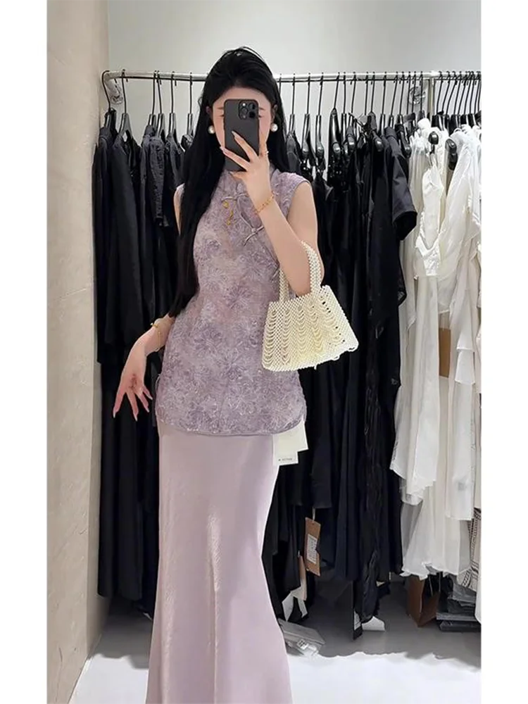 New Chinese Style Zen Inspired Sleeveless Vest And Skirt Set Women's High Waist Long Skirt Two Piece Set Floral Plant Pattern - view 2