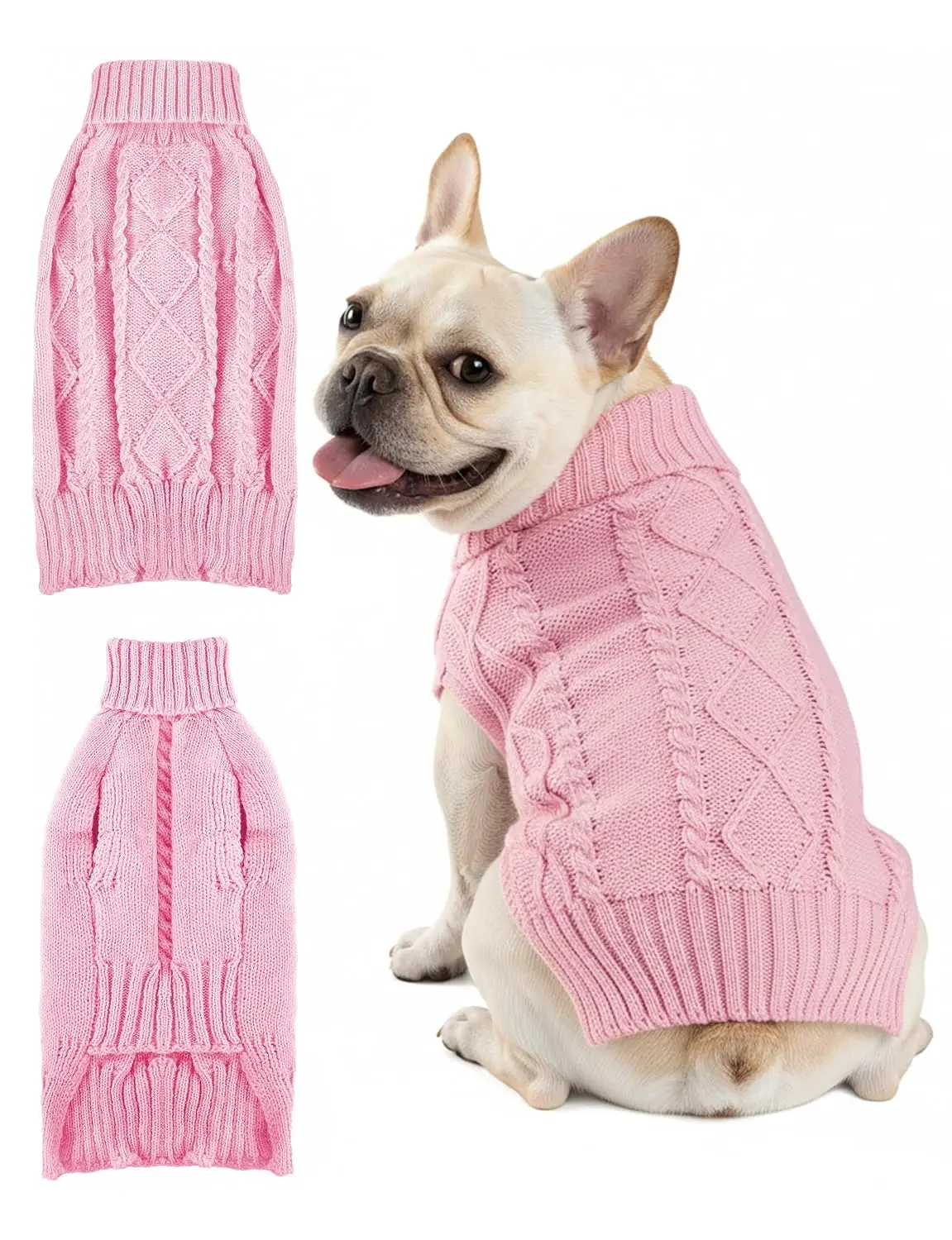 Warm Turtleneck Cable Knit Fleece Pet Sweater for Small Large Dogs Cats, Stretch Pullover Cold Weather Coat, Customized