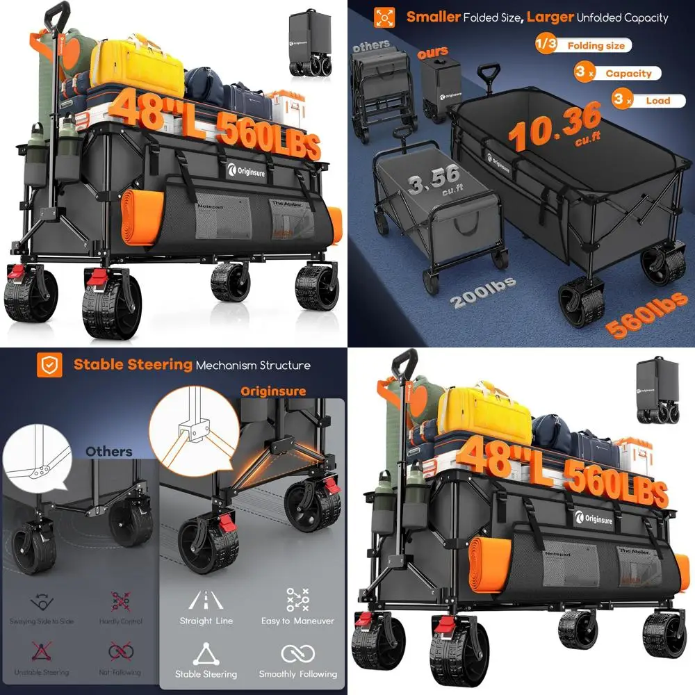 

Складная усиленная пляжная тележка-вагон 300 л с внедорожными колесами для хозяйственных нужд, продуктов, кемпинга и спорта - серая