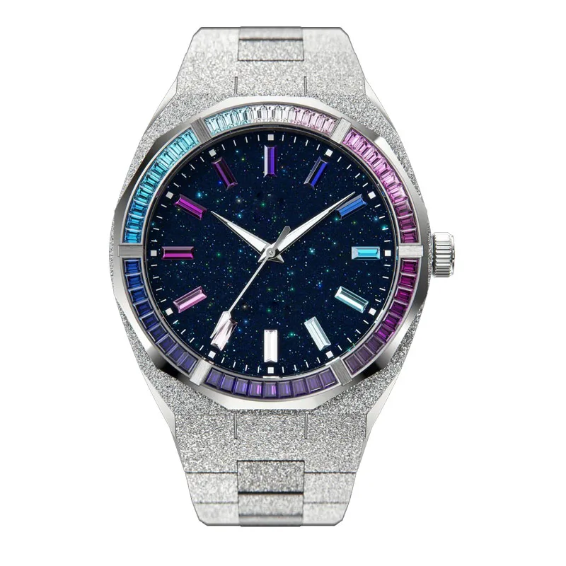 42mm Black Blue Crystal Bezel 5ATM Waterproof Bling Dial Frosted Star Dust Rainbow Watch For Men