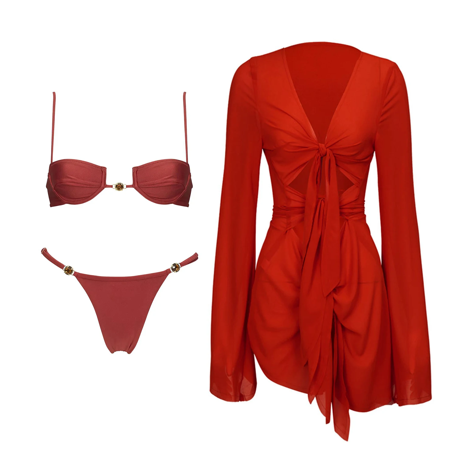 3Pcs Diamond Bikini With Cover Up Women Sexy Swimsuit Swimwear Female Push Up Swim Suit Bandeau Biquini Beachwear Bathingsuit