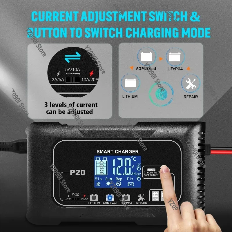 20A 12V-24V Smart Battery Charger, Pulse Repair for Lead Acid AGM GEL LiFePo4 Battery