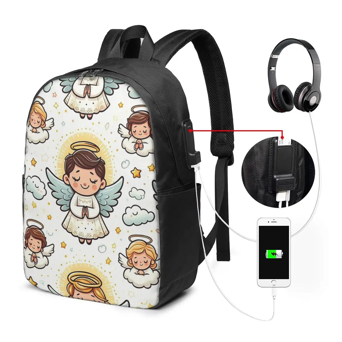 Lovely Angel Wishing Pattern Backpack Travel Notebook Bag Computer College Student School Bag Laptop Shoulder Bags for Men Women