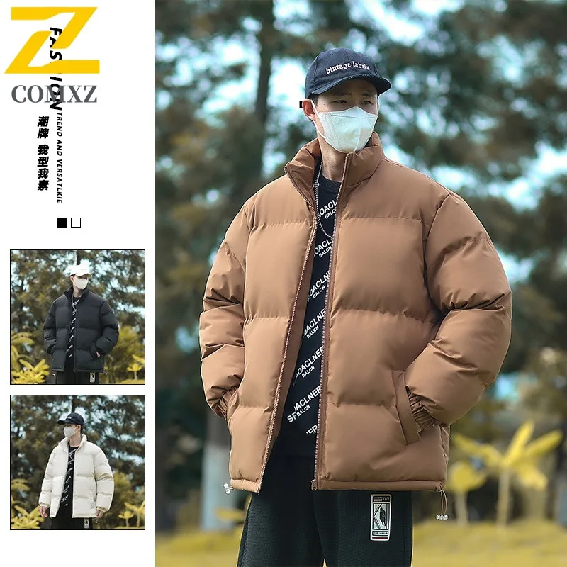 COMXZ 2025 Mens Winter Fleece Lined Thick Stand Collar Cotton Jacket Solid Color Unisex Warm Coat Teen lightweight windbreaker