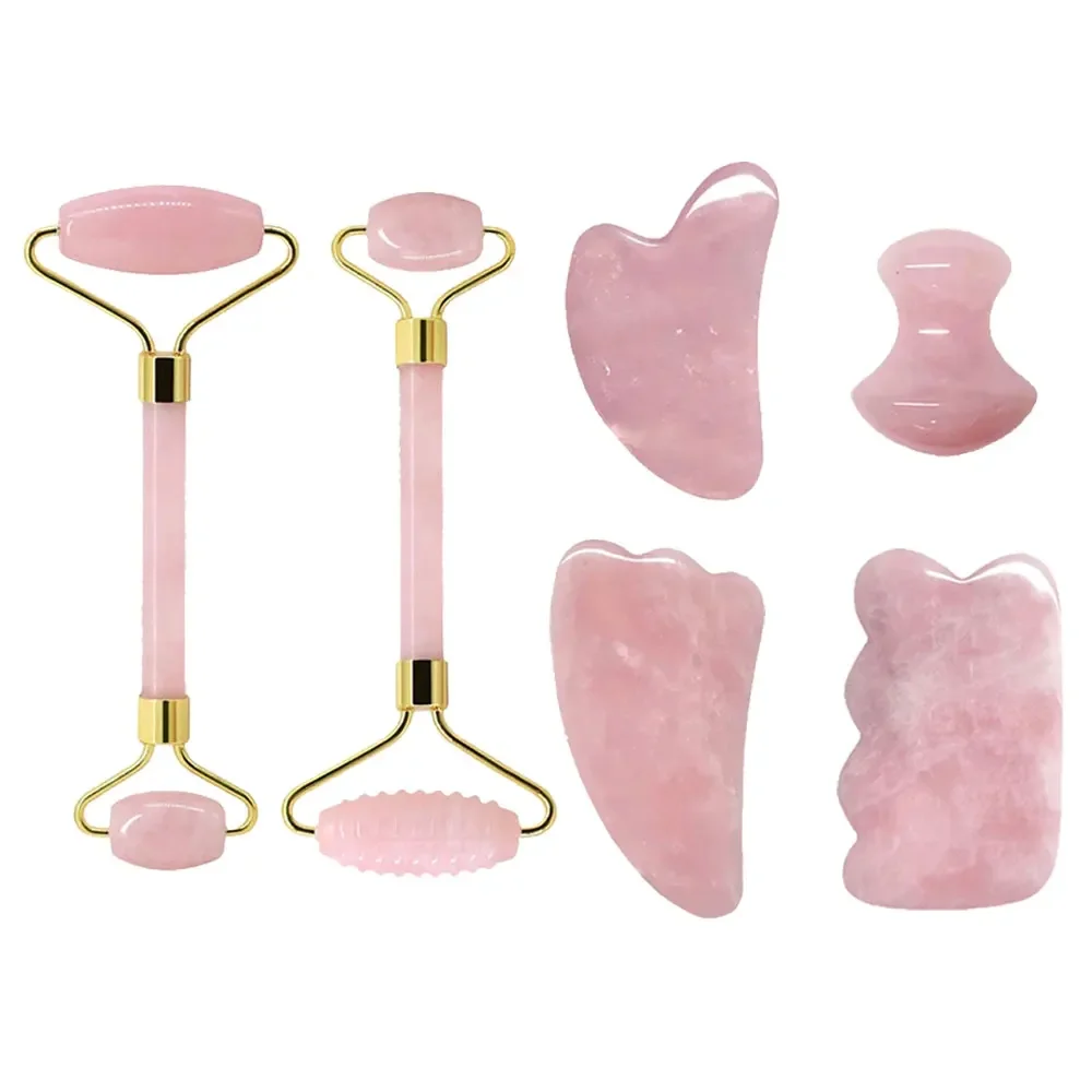 Massaggiatori a rulli in giada per il viso al quarzo rosa Set Guasha Strumenti Gua Sha Raschietto a guazzo in pietra naturale per strumento di bellezza per massaggio facciale