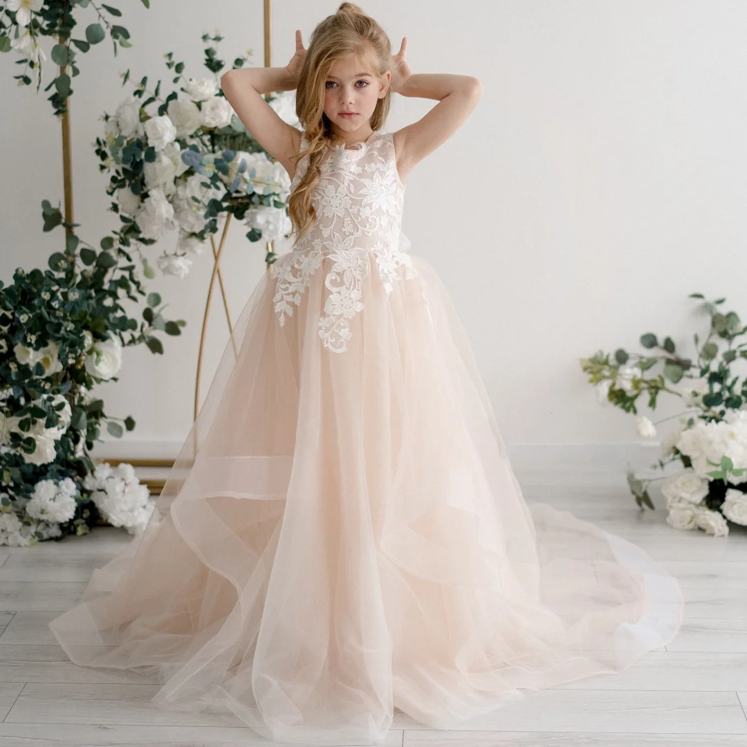 Customized Flower Girl Dress Light Champagne Tulle Tiered Flowers Sleeveless For Wedding Birthday Party Prom Banquet Gown