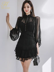 H Han Queen 2024 Spring New In Dresses Elegant And Pretty Vintage Black Short Dress Women Simple Chiffon Casual Party Vestidos