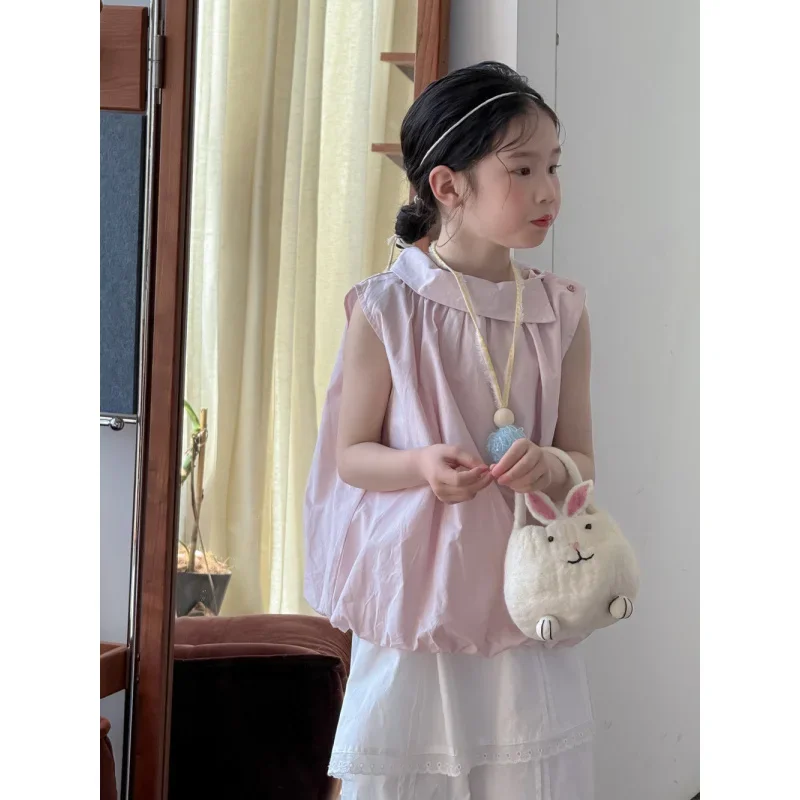 

2025Girls' Summer New Korean Style Solid Color Bubble Design Vest with Solid Color Patchwork Hem Skirt Two-Piece Set