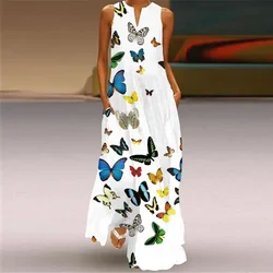 Elegant And Elegant Butterfly Flower Print Open Collar Long Dress 2024 Elegant And Sexy Pocket Loose Ankle-length A-line Dress