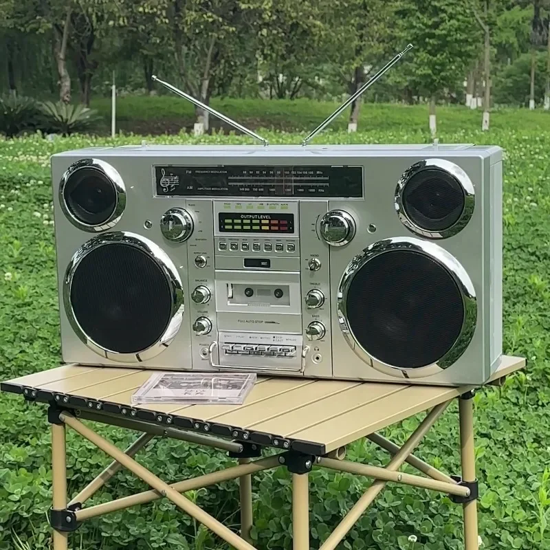 مشغل أقراص مضغوطة محمول Boombox كاسيت راديو FM USB بلوتوث فضي مع مدخل AUX للاستخدام المنزلي في الهواء الطلق #3