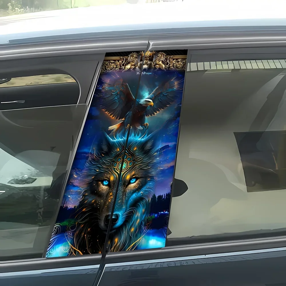 2-Piece Vinyl Car Decal Set, Anime Style Wolf & Eagle Fantasy, Self-Adhesive B-Pillar Sticker, Cartoon Jungle Theme, Semi-Matte