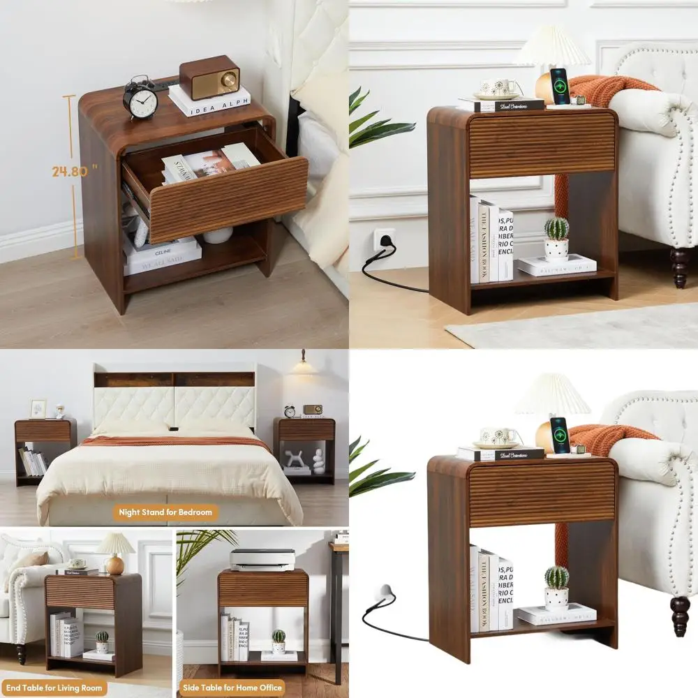 

Charging Station Nightstand with Drawer Storage, Large Wooden Bedside Table for Bedroom or Living Room, Walnut Finish