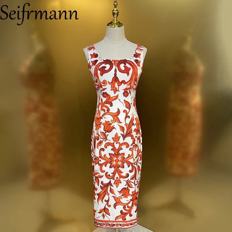 Seifrmann Lässiges bedrucktes Seiden-Westenkleid mit eckigem Ausschnitt, ärmellos, schmal geschnitten, Sommer 2026, neuer Damen-Stil