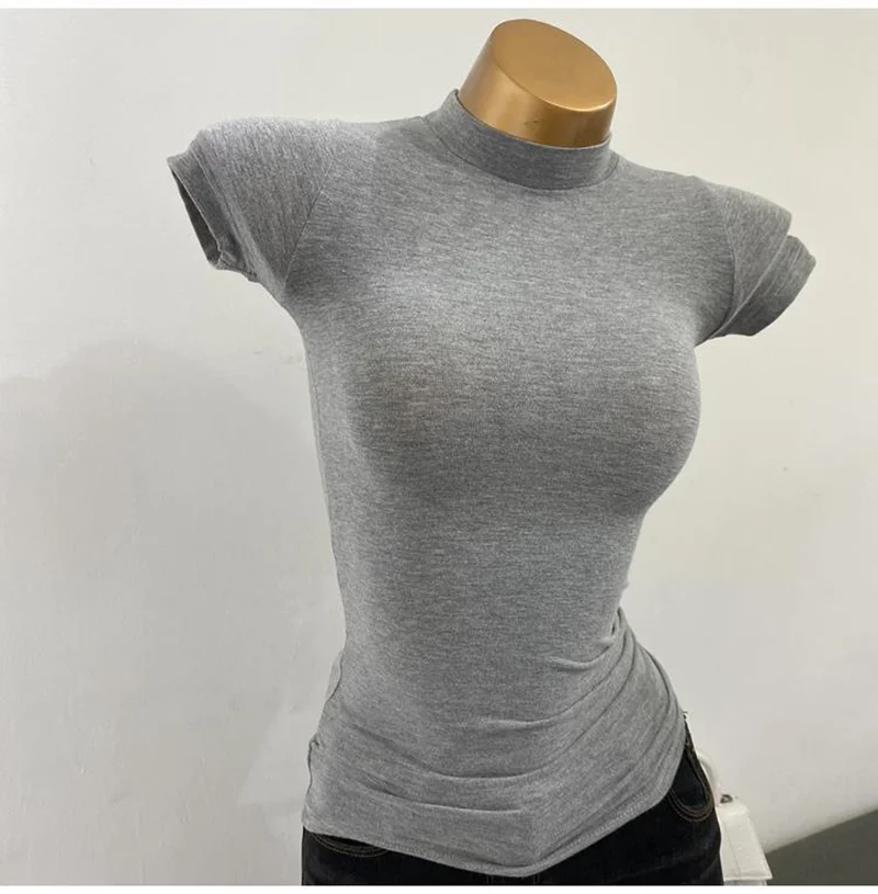 Women'sTurtleneck Ribbed Knit Slim Fit Crop Top Casual Basic T-Shirt Tight Knit  Fitted Cropped T-Shirt