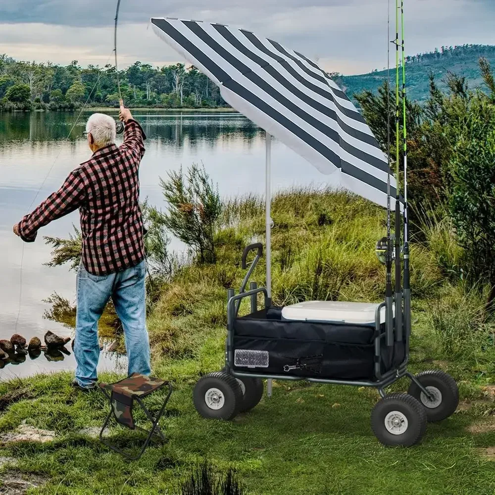 Collapsible Heavy-Duty Beach Cart with Big Wheels and Rod Holders, Holds 550 Pounds, 53.9x26.4x38.8