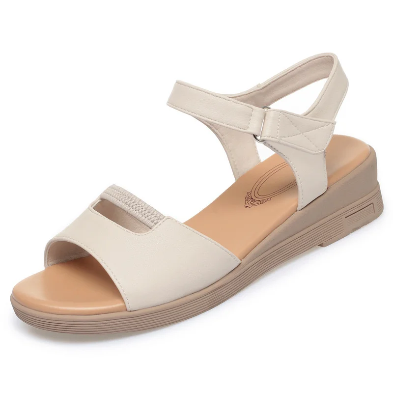 Sandal kulit wanita, musim panas lembut Fashion Wedges lembut bawah nyaman kasual ibu sepatu terbuka kaki sandal Anti-slip