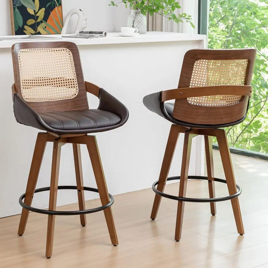 

of 2 Bar Stools Counter Height 26.4 inch Swivel Walnut Counter Stools with Cane Back, Upholstered Seat, Curved Arms, Rattan Cou