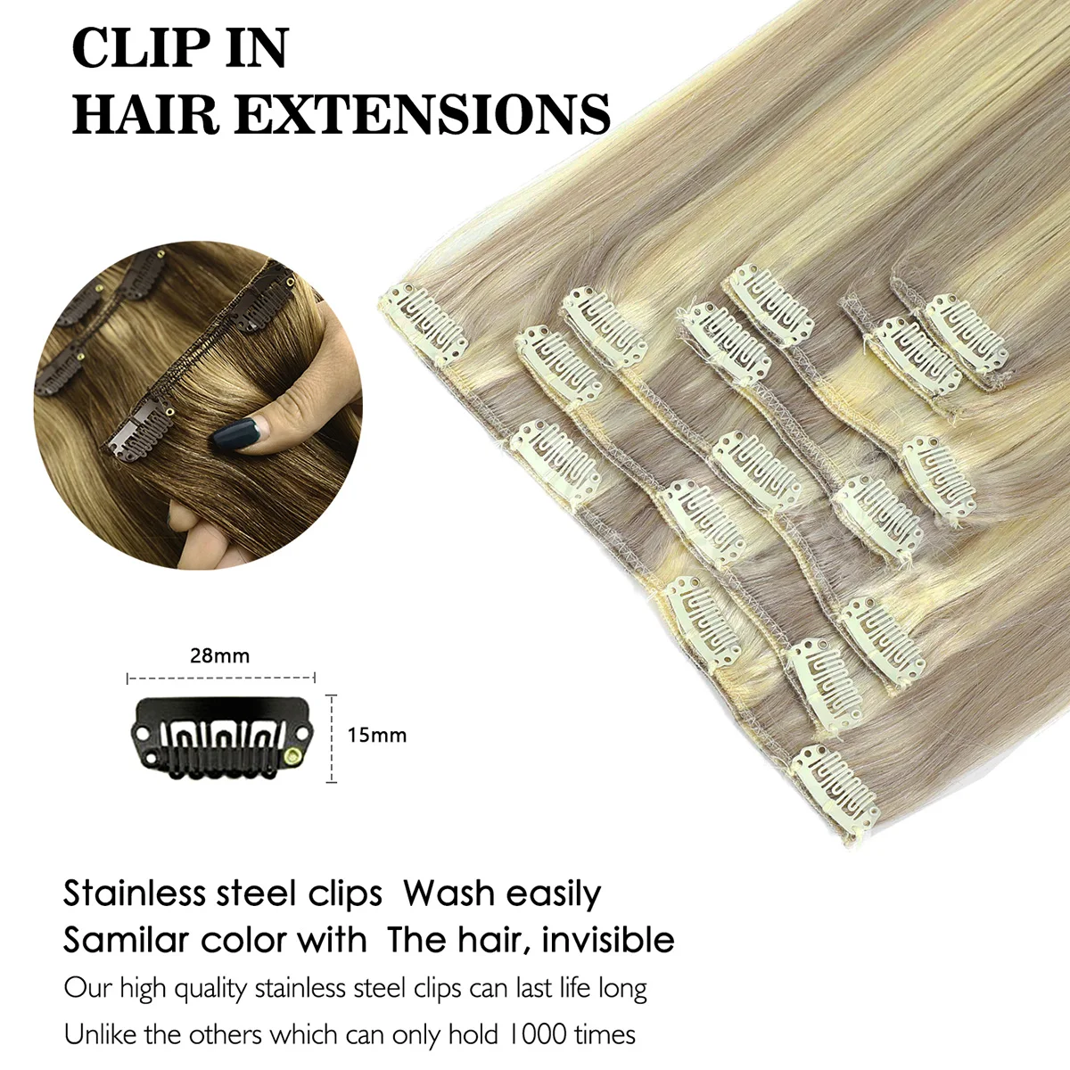 مقاطع في وصلات الشعر شعر بشري حقيقي البيانو اللون الرماد وشقراء 7 قطعة وصلات شعر بمشبك مستقيم إضافة طول وحجم الشعر