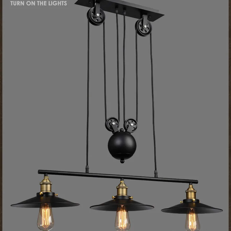 Vintage Iron Pulley Chandelier LED Electroplate E27 Creative Bar Home Decoration Ceiling Lamp with Wear-resistant Top Plate