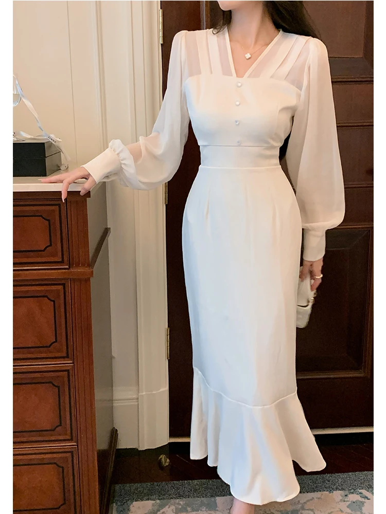 

Ele White V-ne Dr Women's High-End Feel Fi Tail Wraparound Skirt Midi Dr Korean Sle Commute Pure Color