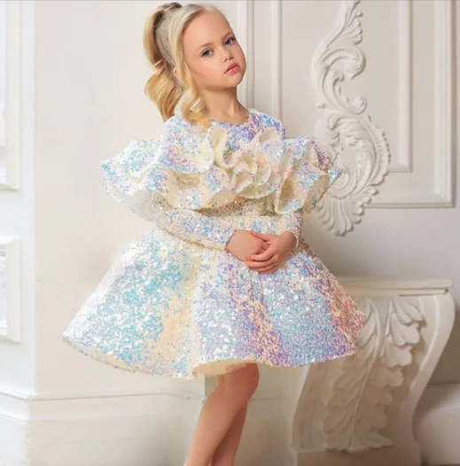 

Glitter Ivory Flower Girl Dresses Sequined Baby Girl Dress Puffy Long Sleeve For Girls Kids Birthday Party Gown