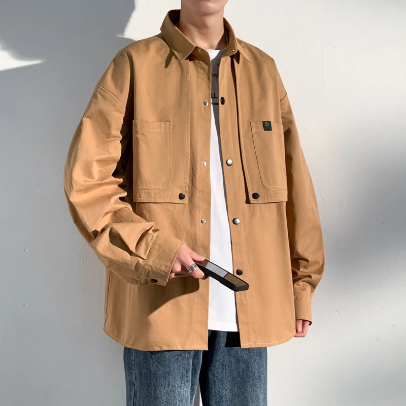 

Khaki Long Sve Men's irt Loose Workwear Jaet American Retro Sle Spring Autumn Trendy Clothing Button down irt