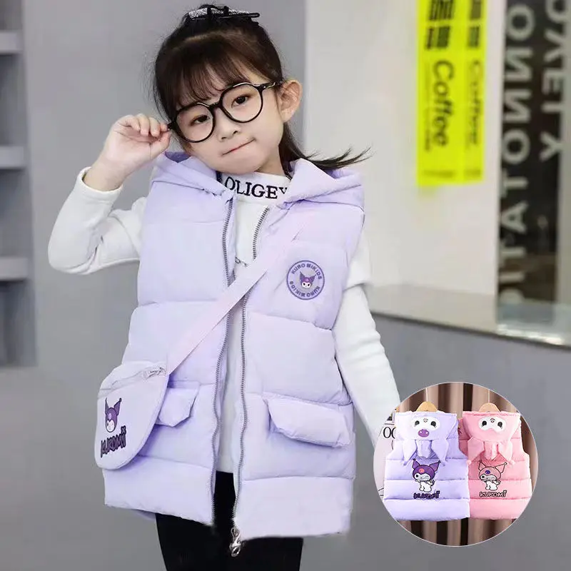 Sanrios Child Vest Girl Kuromi New Velvet Thicken Winter Autumn Anime Figure Kawaii Cartoon Hooded Wear Outside Keep Warm