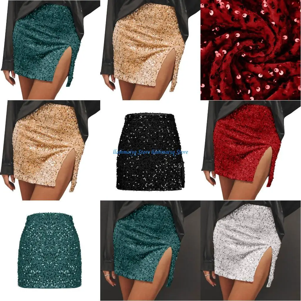 

573B Women's Sequin Skirt High Waist Bodycon Split Mini Skirts Night Out Party