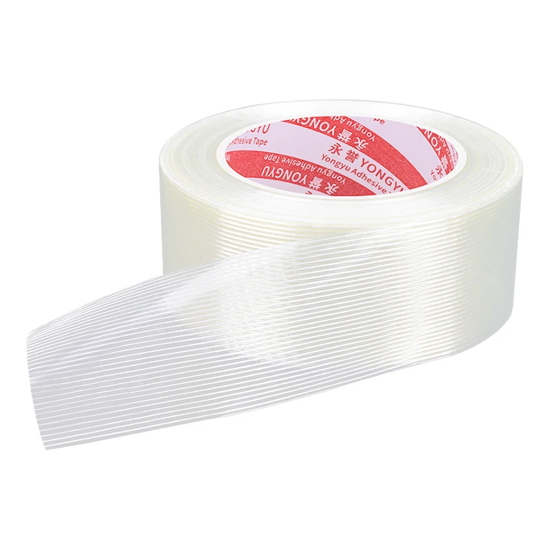 10mm-100mm 50M Strong Glass Fiber tape Transparent Striped Single Side Adhesive Tape Industrial Strapping Packaging Fixed Seal